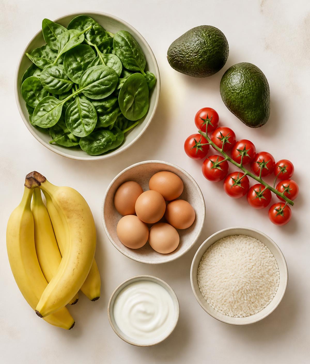 Fresh simple groceries laid out on a warm neutral surface